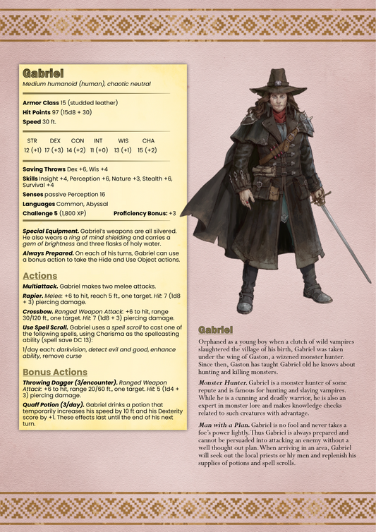 Gabriel D&D stat sheet – digital stat block for Vampire Hunter Gabriel CR 5 featuring abilities, attacks, and lore suitable for fantasy tabletop campaigns.