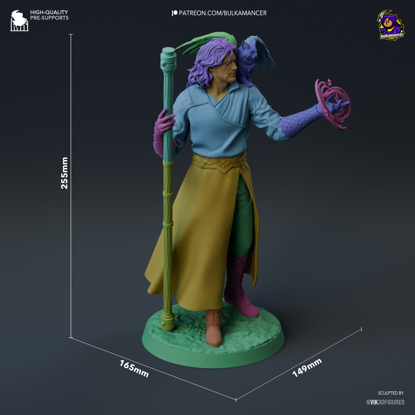Front view of Gale 1:8 scale figure with dimensions 255mm tall, 165mm deep, and 149mm wide, featuring Gale holding a staff and magical glyph with Tara perched on his shoulder.