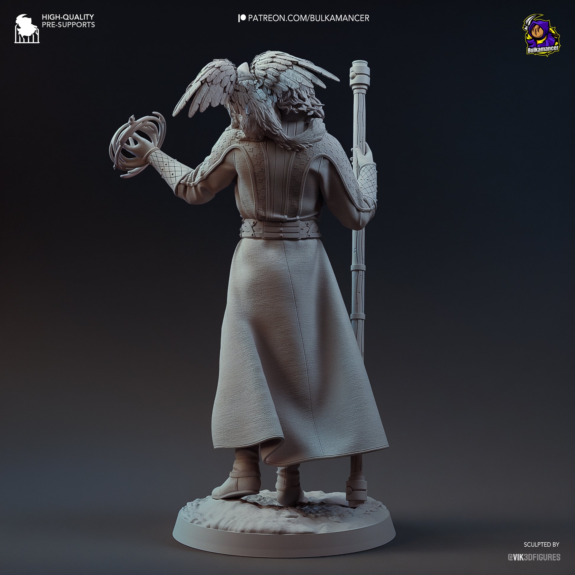 Grey render rear view of Gale figure showing cloak flow, detailed belt, and Tara’s wings as she sits on Gale’s shoulder while he holds his staff.