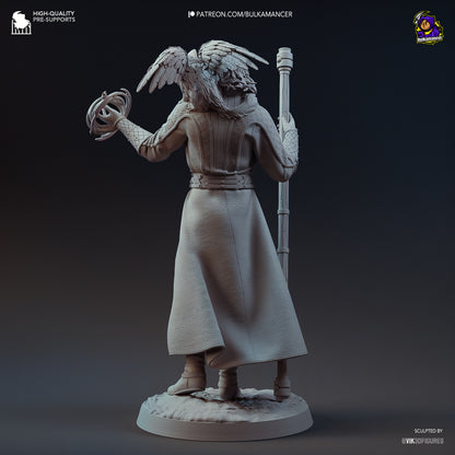 Grey render rear view of Gale figure showing cloak flow, detailed belt, and Tara’s wings as she sits on Gale’s shoulder while he holds his staff.