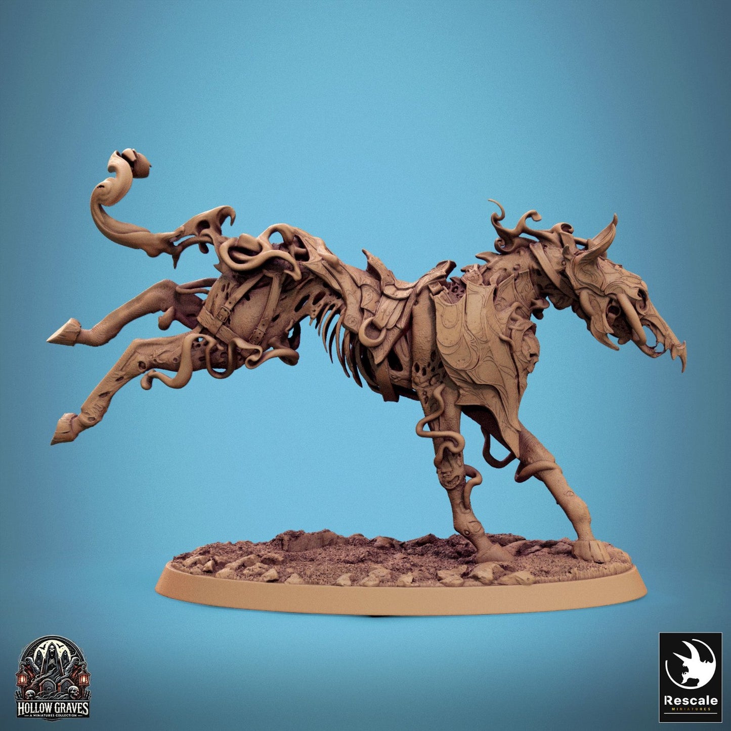 An undead horse mid-gallop, with tendrils and skeletal armor, ideal for fantasy RPGs like Dungeons and Dragons.