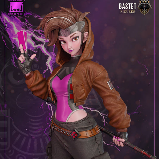 Female Gambit painted portrait close-up showing facial expression, hair, hooded jacket, charged cards, and glowing energy effects.