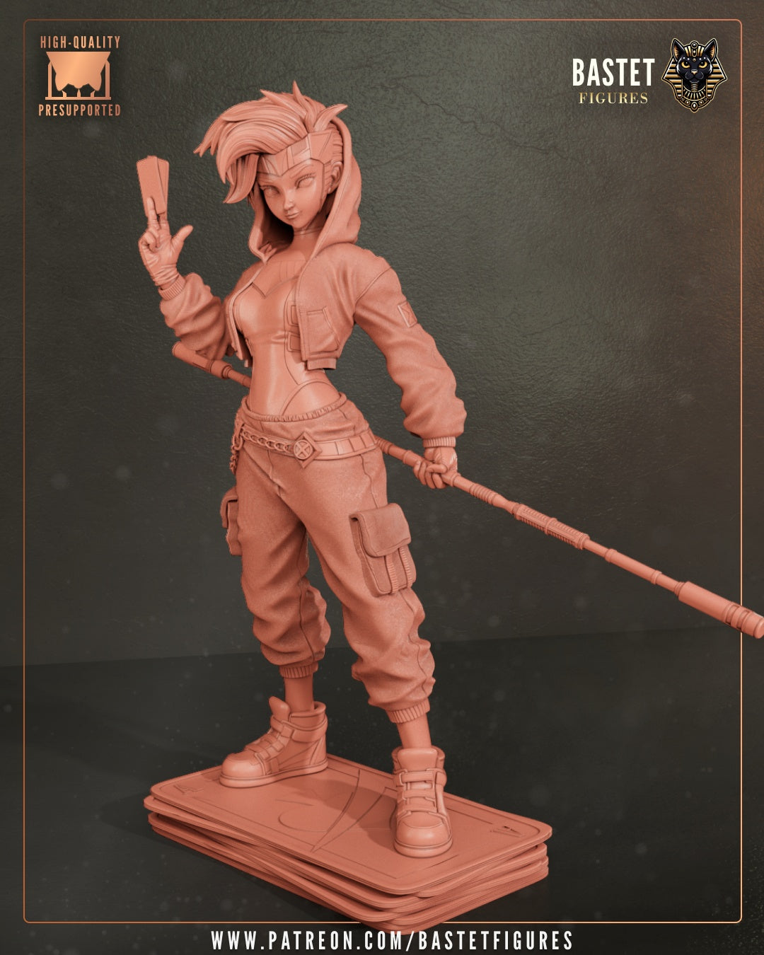 Female Gambit 1:8 figure full unpainted sculpt front view holding cards and staff, standing on stacked playing card base.