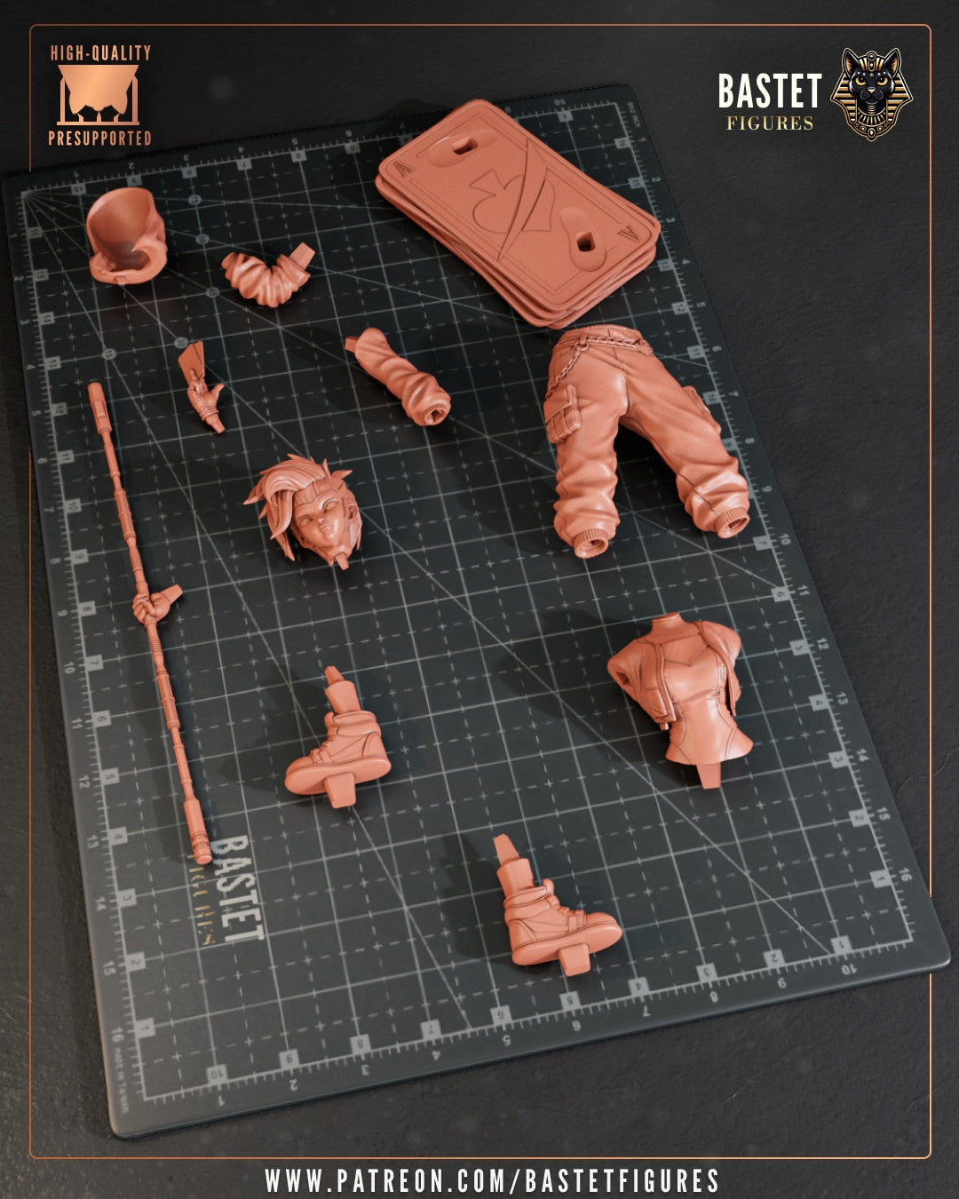 Female Gambit 1:8 figure unassembled parts layout on cutting mat, including head, arms, jacket, pants, staff, boots, and card-stack base components.