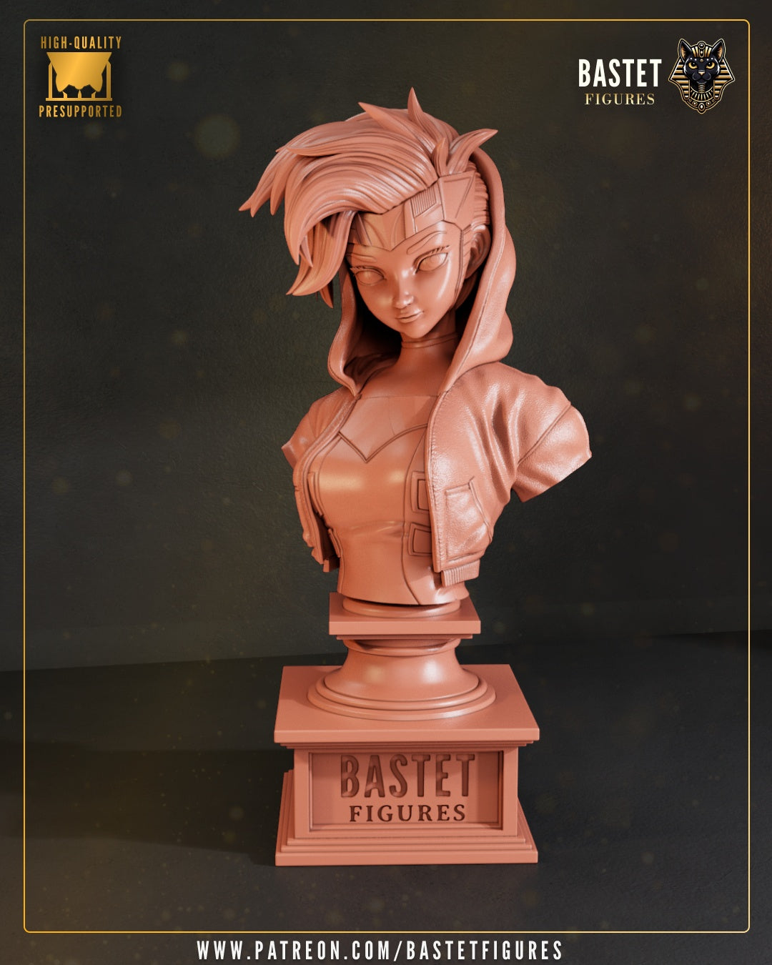 Female Gambit collectible bust featuring detailed sculpted hair, hooded jacket, armored top, and display pedestal.