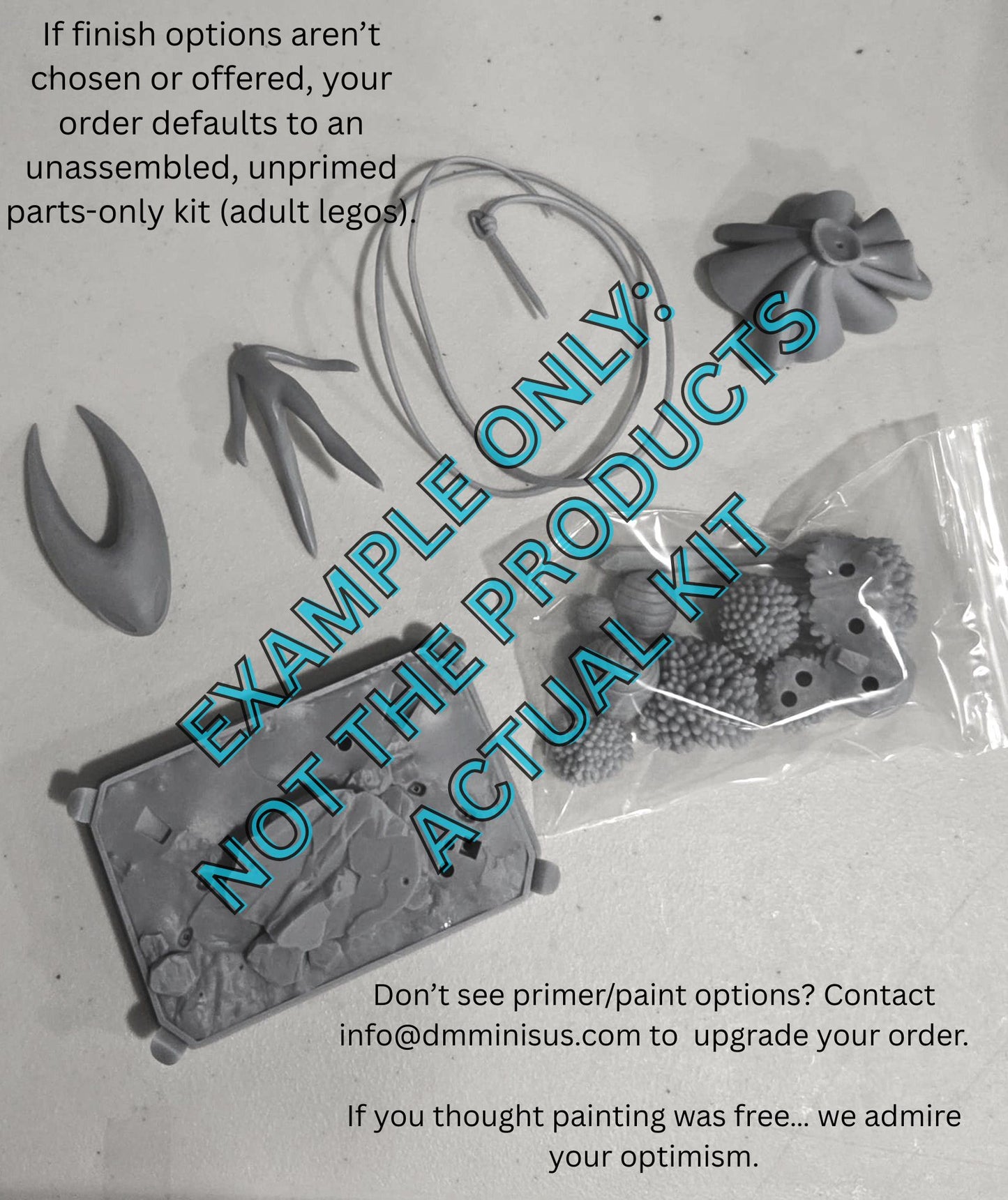 Unassembled parts on a white background with text indicating it's not the actual product.