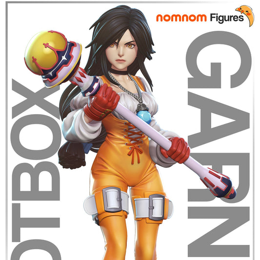 Painted render of Garnet Til Alexandros in orange dress holding royal staff upright, standing confidently on a stone base