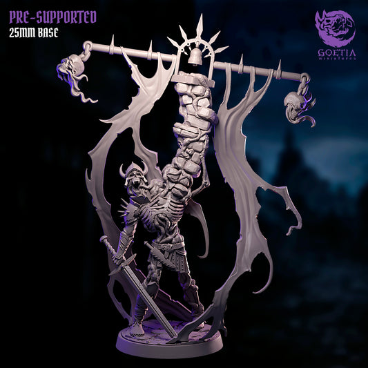 Undead skeleton Gate Bearer lifting massive ritual standard with chained skulls stone pillar and torn banners skeletal warrior sentinel grimdark fantasy miniature