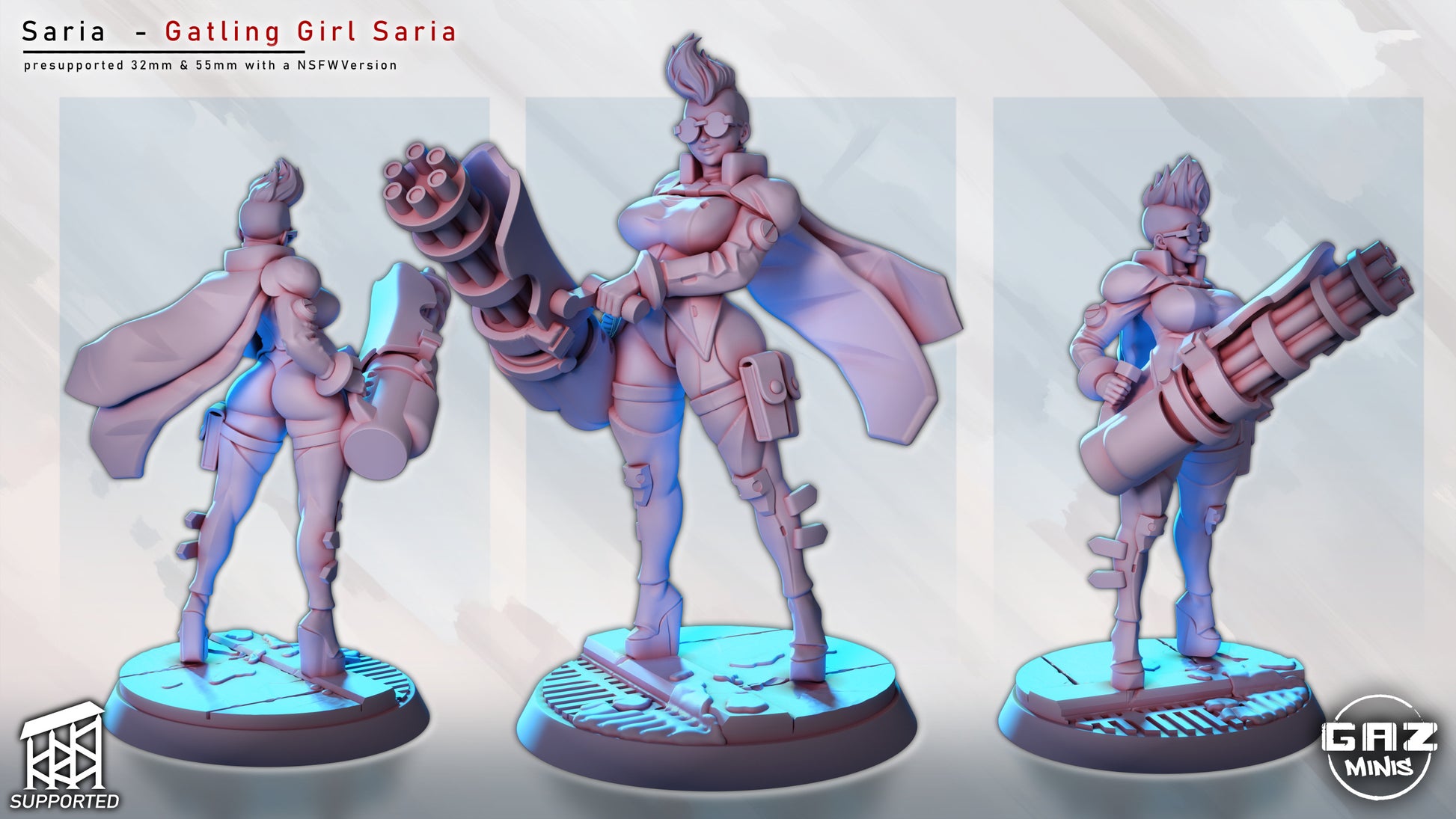 Gatling Girl Saria clay render collage — unpainted sculpt shown from rear, front, and side views holding large rotary weapon.