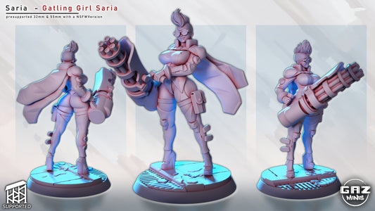 Gatling Girl Saria clay render collage — unpainted sculpt shown from rear, front, and side views holding large rotary weapon.