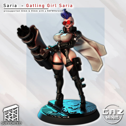 Gatling Girl Saria miniature front view — female cyberpunk character with mohawk, trench coat, high boots, and oversized gatling gun standing on sci-fi base.
