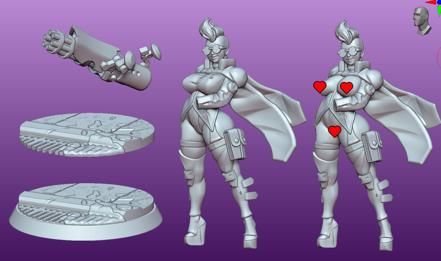 Gatling Girl Saria sculpt render — front and topless variants with detachable gatling gun and cyber base.