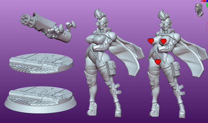 Gatling Girl Saria sculpt render — front and topless variants with detachable gatling gun and cyber base.