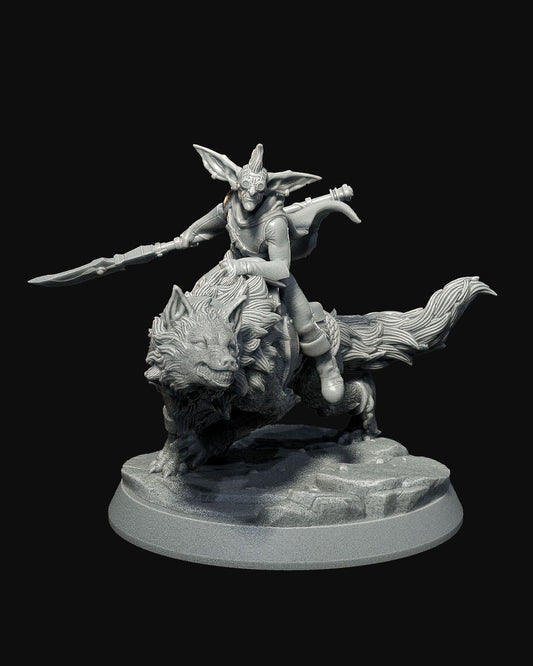 Ghertak, a goblin warrior, riding Guhka, a large wolf companion, depicted in a dynamic pose with a spear in hand, perfect for tabletop RPG games like Dungeons & Dragons and Pathfinder.