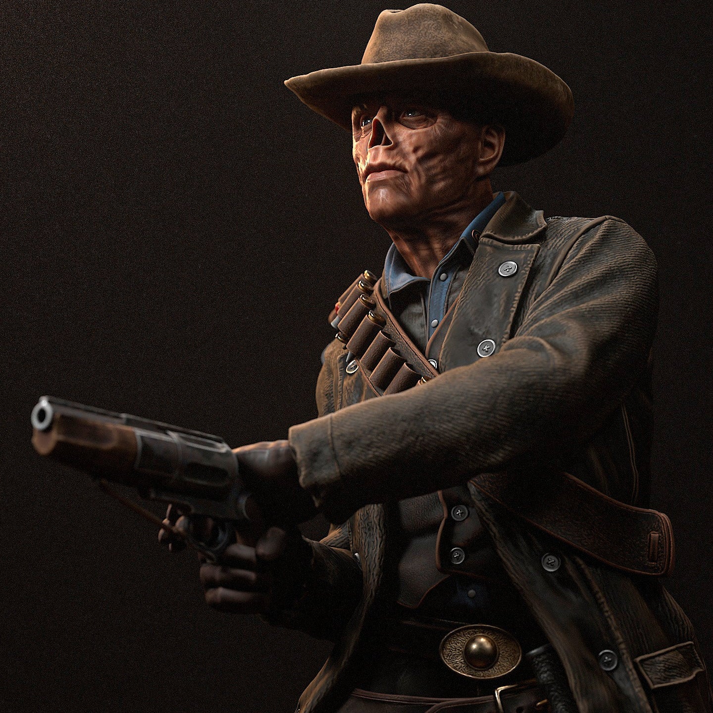 Fallout The Ghoul full-figure statue aiming revolver, wearing trenchcoat, cowboy hat, belt and ammo bandolier, 1:8 scale.