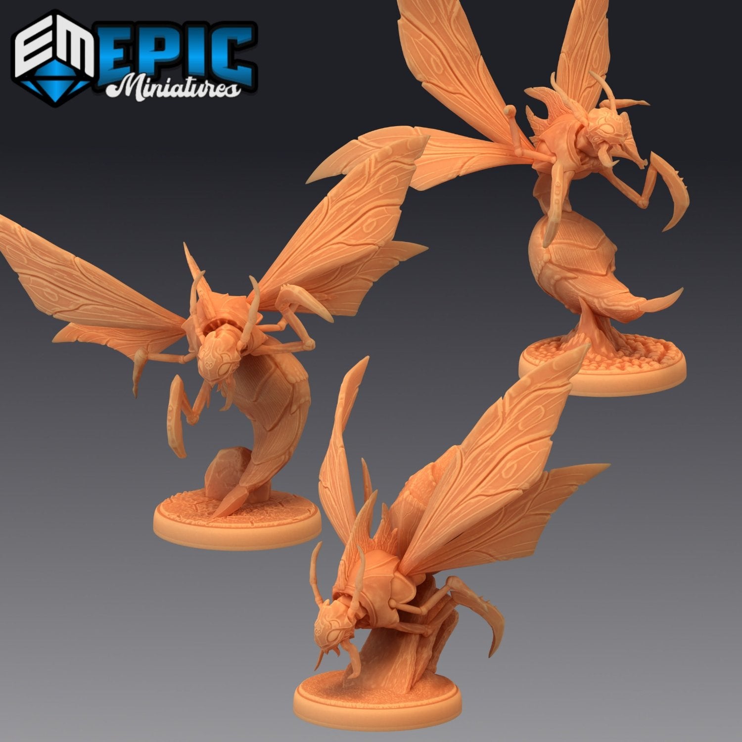 Three Giant Wasps posed in different stances, showing off their impressive wingspan and intimidating presence. The trio is here to remind everyone that "bee-having" isn't just for bees! Perfect for TTRPGs like Pathfinder or D&D.