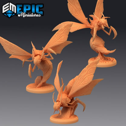 Three Giant Wasps posed in different stances, showing off their impressive wingspan and intimidating presence. The trio is here to remind everyone that "bee-having" isn't just for bees! Perfect for TTRPGs like Pathfinder or D&D.