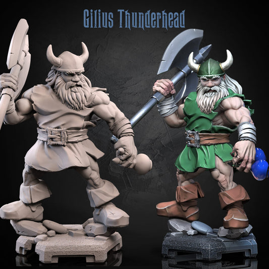 Gils Stormhead dwarf miniature shown painted and unpainted, holding a double-headed axe and bombs, posed on a cracked stone base.