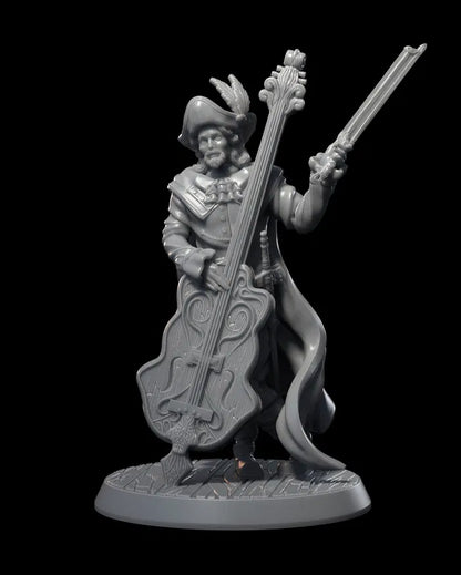 Giovanni miniature holding a large cello and a violin bow, wearing a flamboyant hat with a feather.