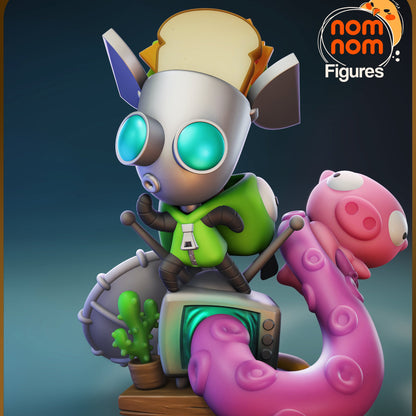 Chibi GIR Invader Zim collectible figure standing on a retro television with tentacle creature base, toast hat, backpack, and exaggerated chibi proportions