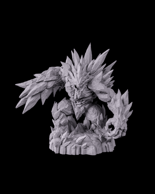 Front view of unpainted Glacier Golem miniature with spiked ice crystals on shoulders, arms, and legs, crouched on a jagged frozen base.