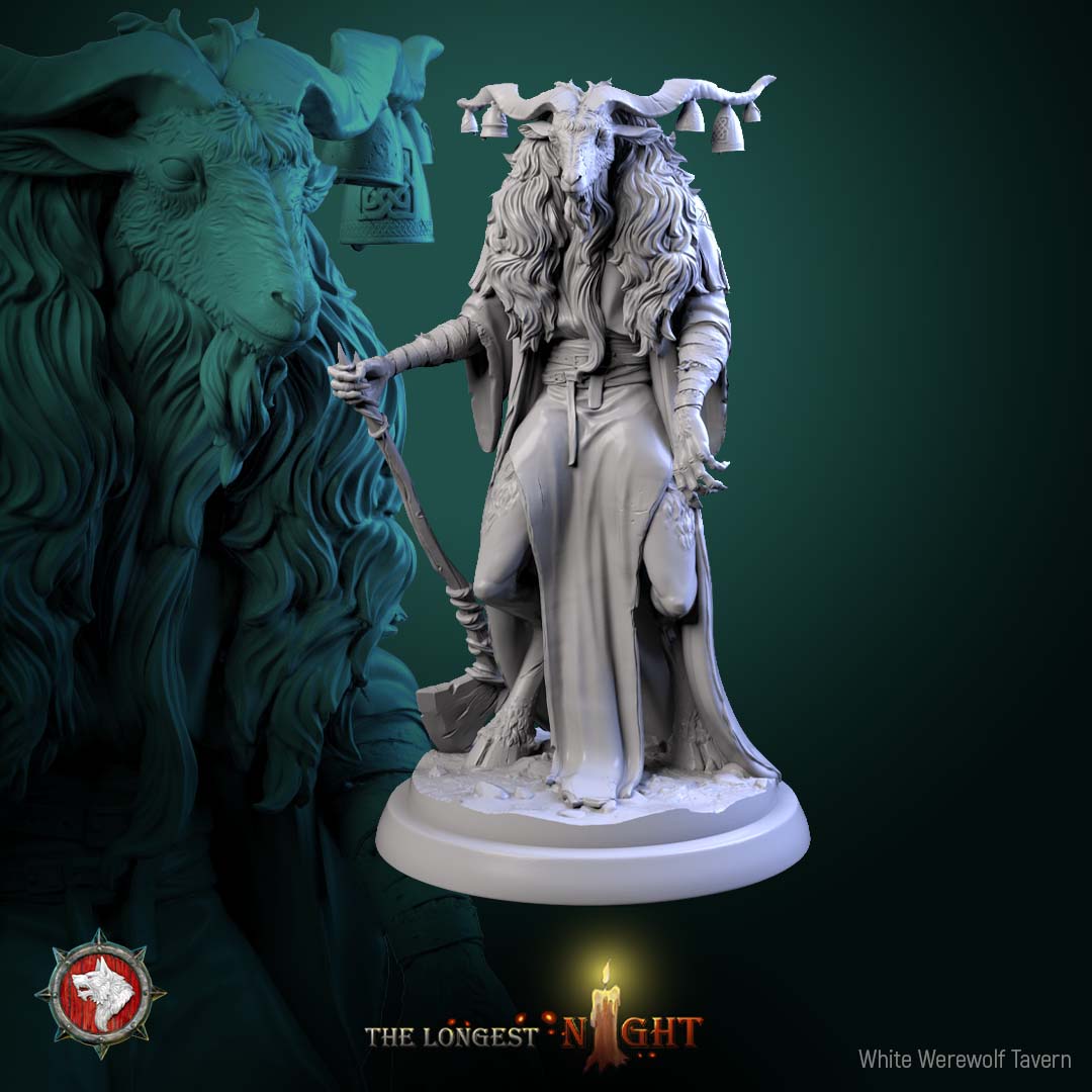 Goatman miniature V2 horned beastfolk shaman pose holding staff with hanging bells