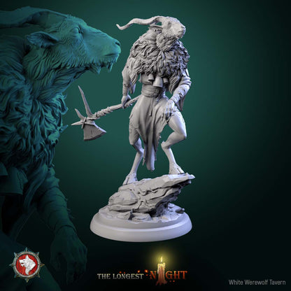 Goatman miniature V3 goat-headed warrior stepping forward with raised weapon and flowing cloak