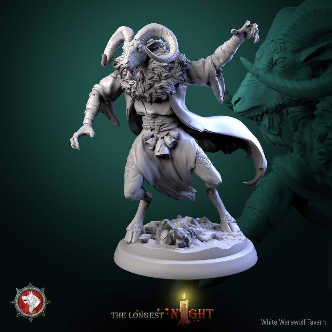Goatman miniature V4 aggressive beastfolk fighter lunging forward with outstretched clawed hand