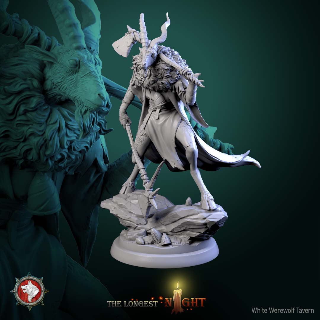 Goatman miniature V5 goatman warrior with long axe braced against ground commanding stance