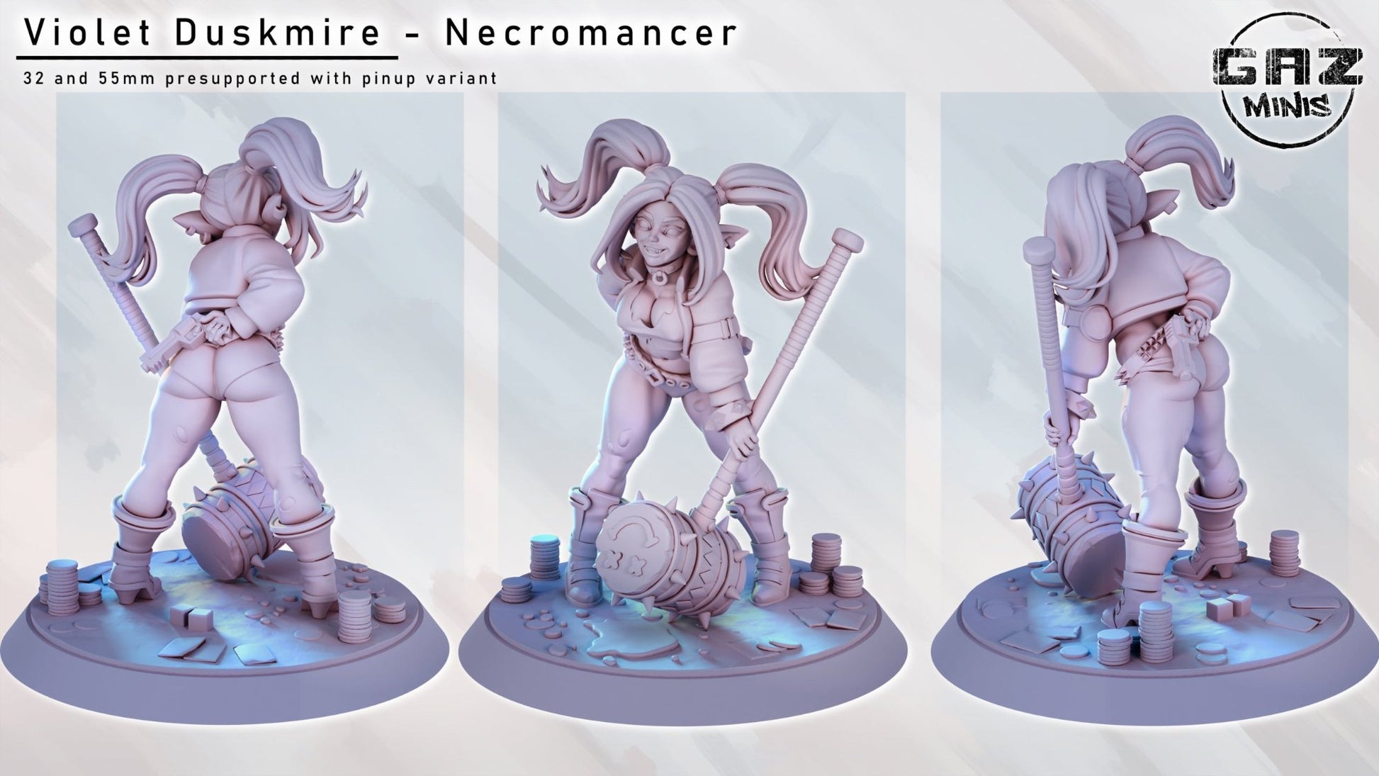 Gobbo Quinn, a goblin-inspired figurine, with twin ponytails and a large mallet, shown in multiple angles, 3D printable.