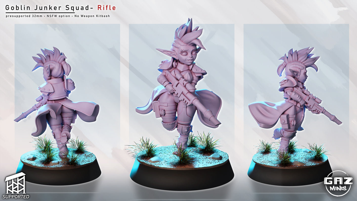 female goblin junker miniature carrying rifle at the ready, fast moving goblin shooter in sci fi skirmish pose