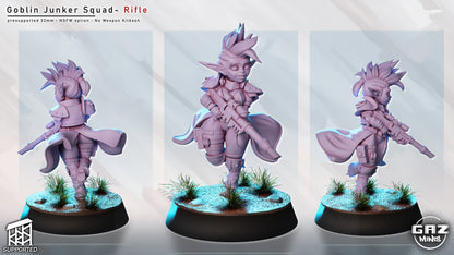 female goblin junker miniature carrying rifle at the ready, fast moving goblin shooter in sci fi skirmish pose