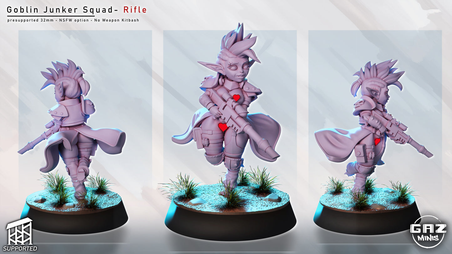 female goblin junker miniature nsfw variant carrying rifle, goblin shooter posed with alternate armor option