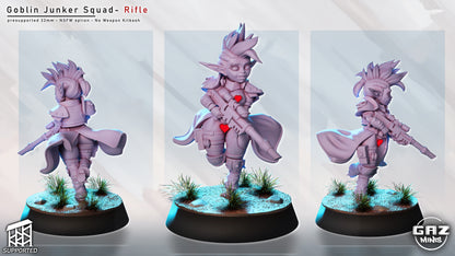 female goblin junker miniature nsfw variant carrying rifle, goblin shooter posed with alternate armor option