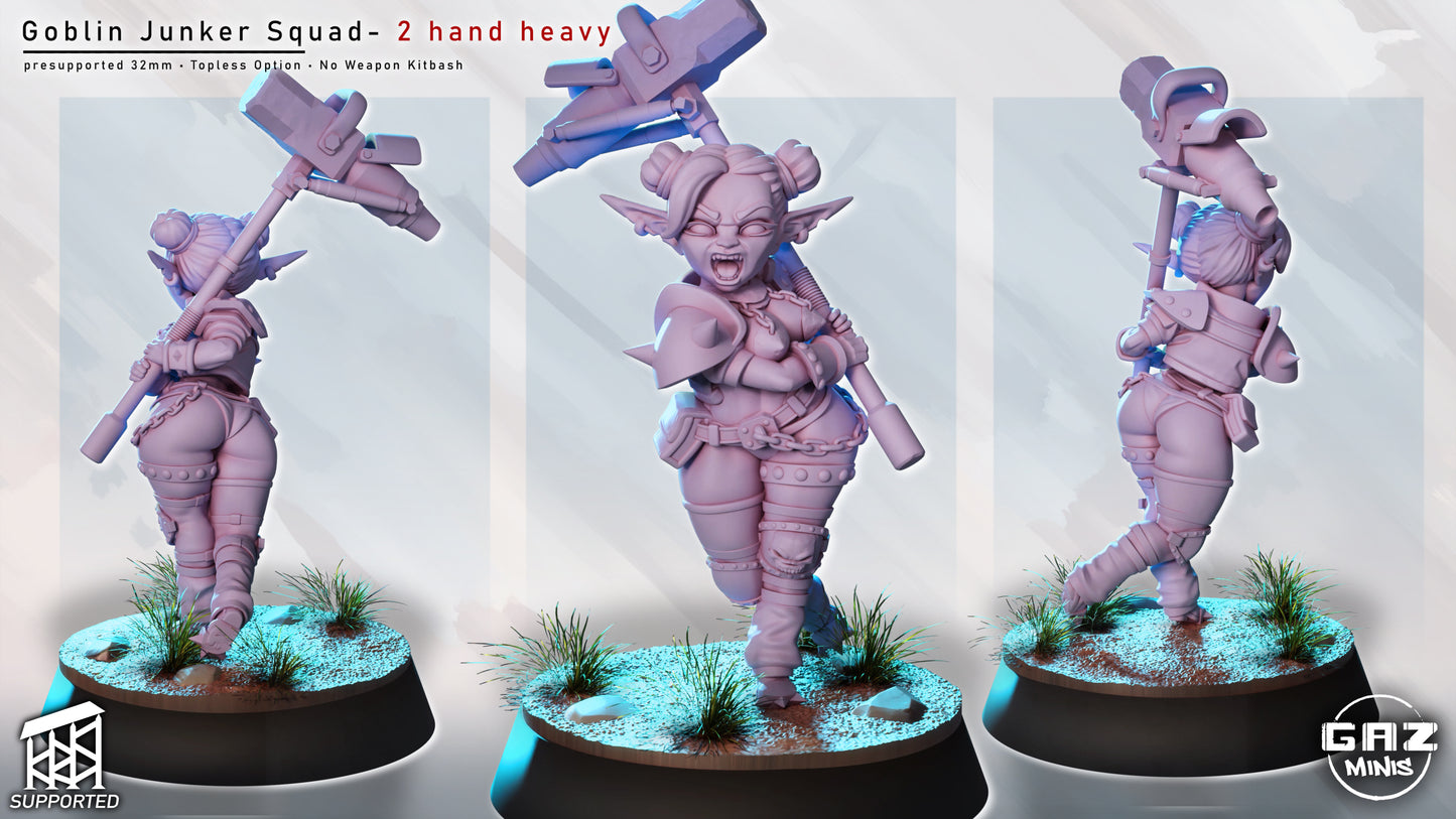 female goblin junker miniature lifting two handed heavy weapon overhead, aggressive goblin brute pose for sci fi battles