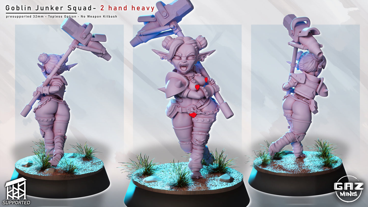 female goblin junker miniature nsfw variant raising two handed heavy weapon, goblin brute with alternate armor pose