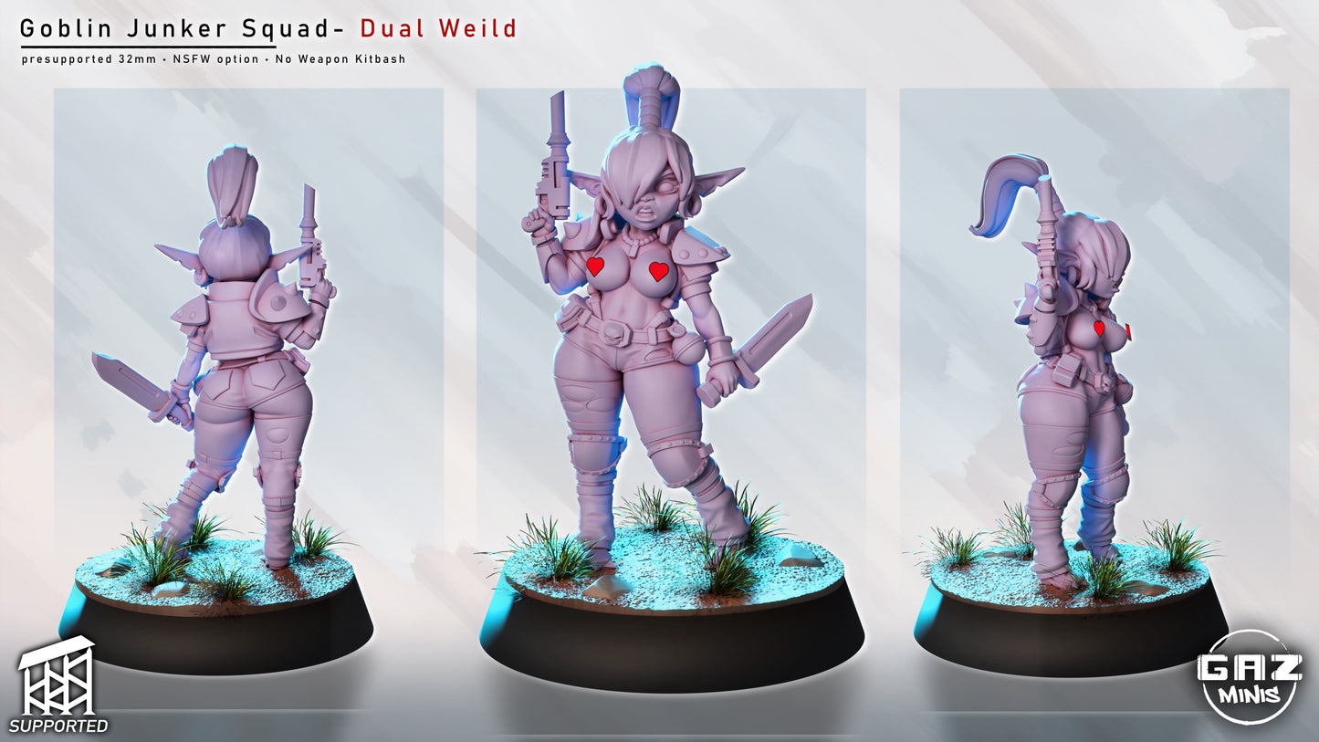 female goblin junker miniature nsfw variant dual wielding pistol and blade, goblin mercenary with exposed gear
