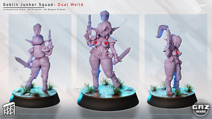 female goblin junker miniature nsfw variant dual wielding pistol and blade, goblin mercenary with exposed gear