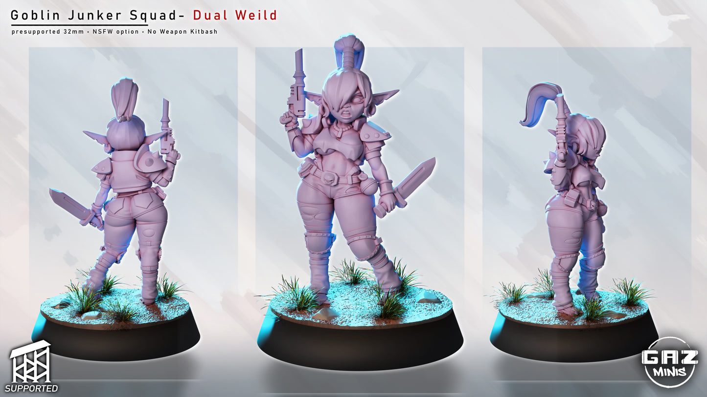 female goblin junker miniature dual wielding pistol and blade, agile goblin mercenary posed for sci fi tabletop combat