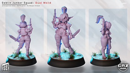 female goblin junker miniature dual wielding pistol and blade, agile goblin mercenary posed for sci fi tabletop combat