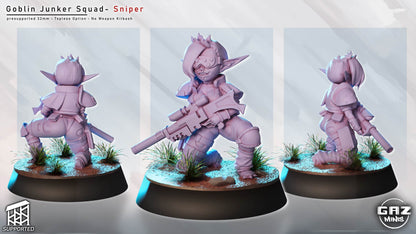 female goblin sniper miniature kneeling with long rifle, goblin marksman posed for ranged sci fi encounters