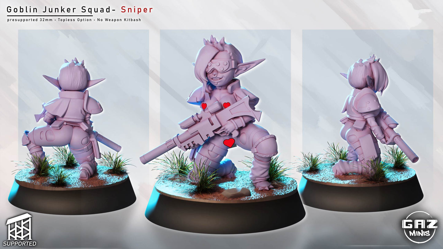 female goblin sniper miniature nsfw variant kneeling with rifle, goblin marksman with exposed armor elements