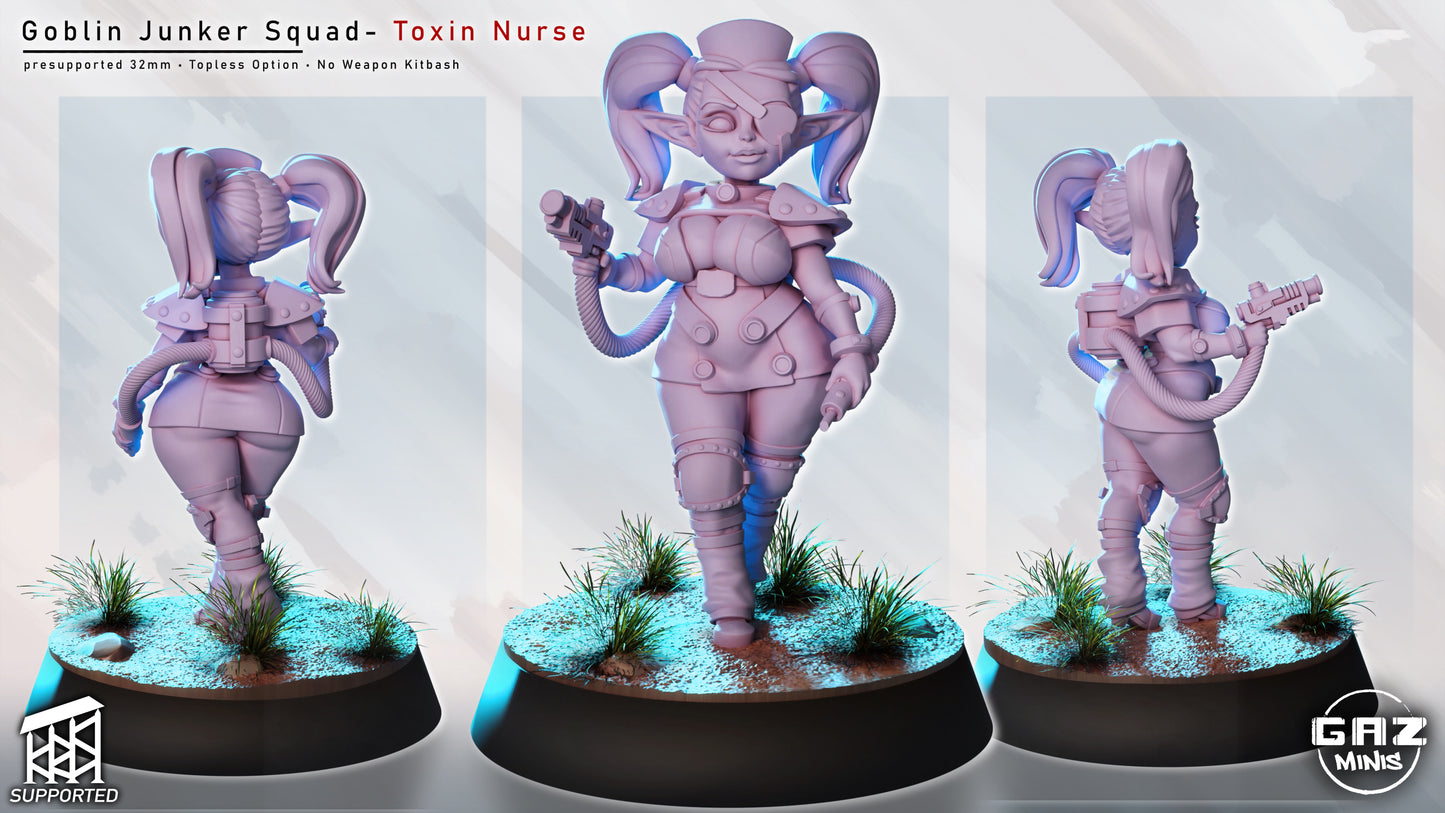 female goblin junker miniature with toxin injector and tubing, goblin support unit posing for sci fi battlefield roles