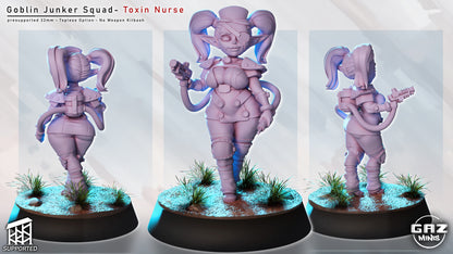 female goblin junker miniature with toxin injector and tubing, goblin support unit posing for sci fi battlefield roles