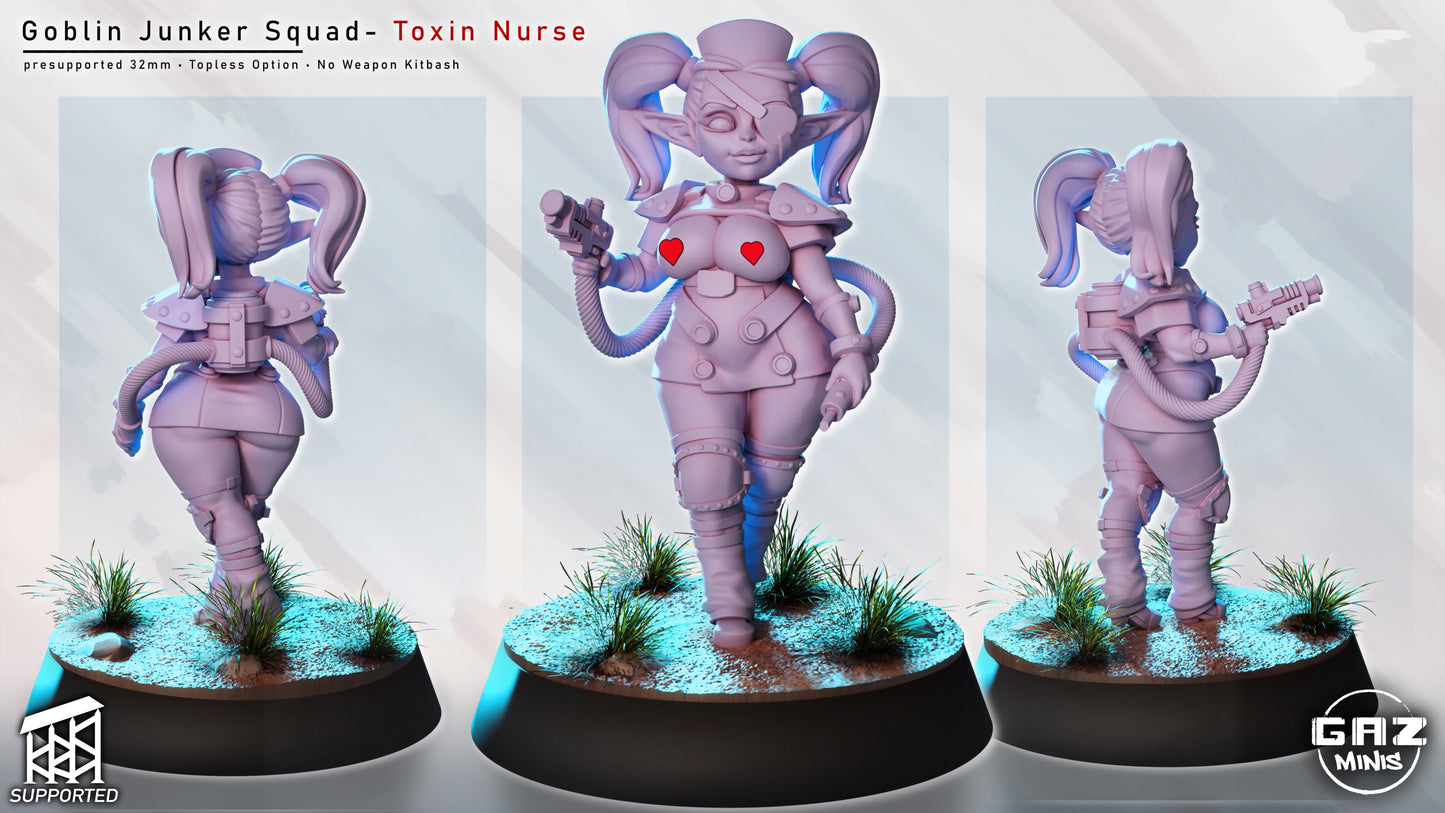female goblin junker miniature nsfw variant holding toxin injector, goblin medic support unit with alternate armor