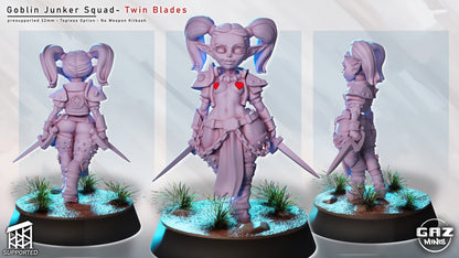 female goblin junker miniature nsfw variant wielding twin blades, goblin melee fighter with exposed armor style