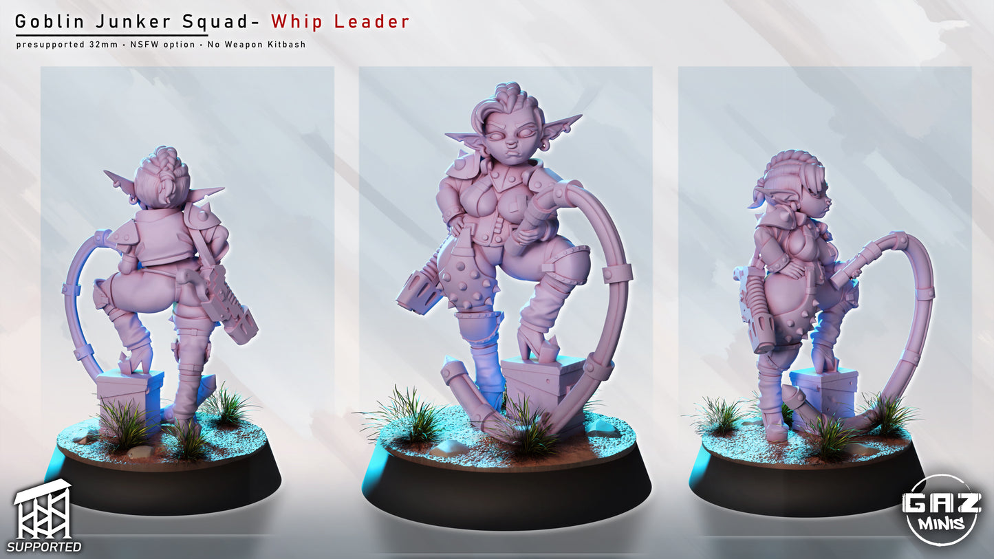 female goblin leader miniature wielding mechanical whip, goblin squad commander pose in sci fi skirmish setting