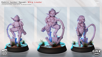 female goblin leader miniature wielding mechanical whip, goblin squad commander pose in sci fi skirmish setting