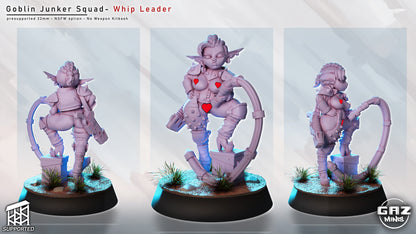 female goblin leader miniature nsfw variant wielding mechanical whip, goblin squad commander with alternate armor