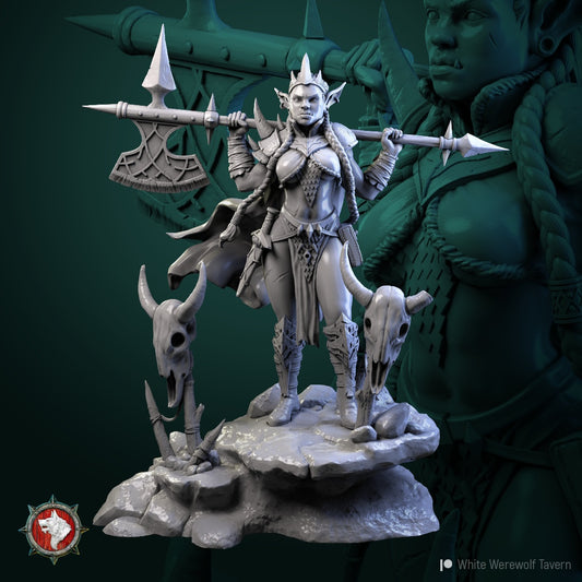 Goblin Queen female warrior miniature with halberd and skull base